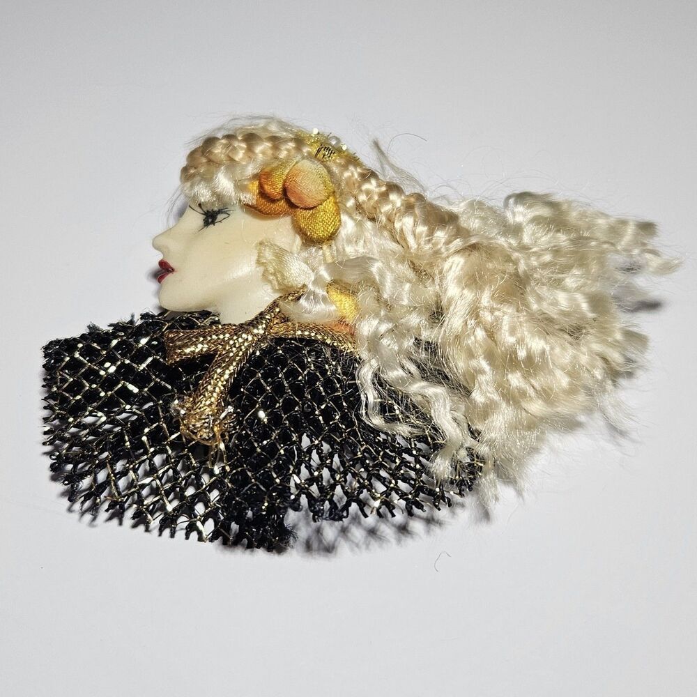 Vintage Porcelain Woman Silhouette Brooch Black Gold Blonde